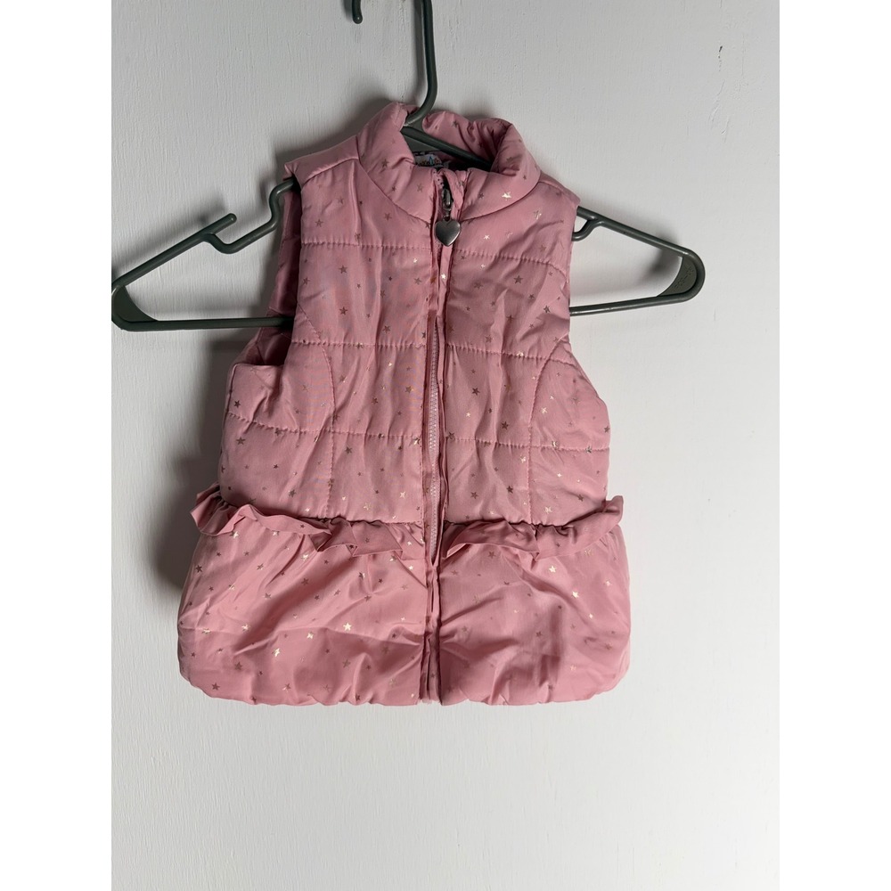 Kids Headquarters Pink Gold Star Puffer Vest Peplum Ruffle Heart Zip 24M